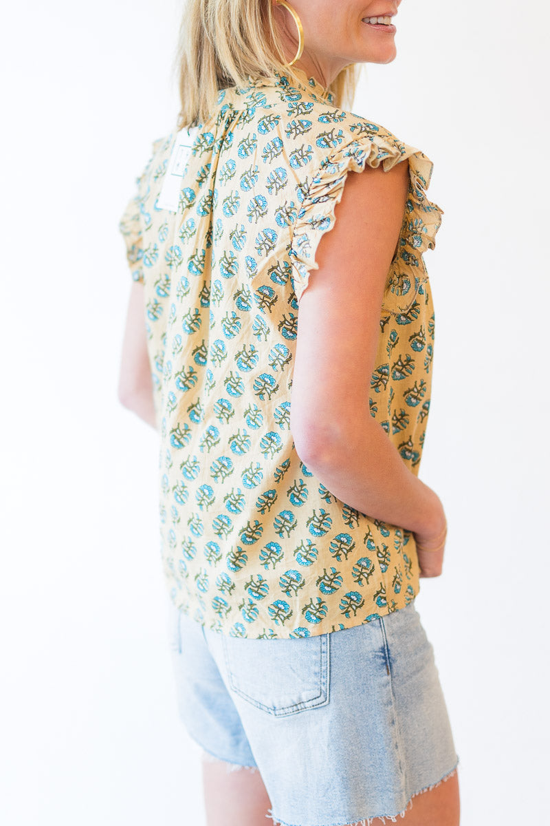 Ruffle Sleeve Flower Top in Khaki