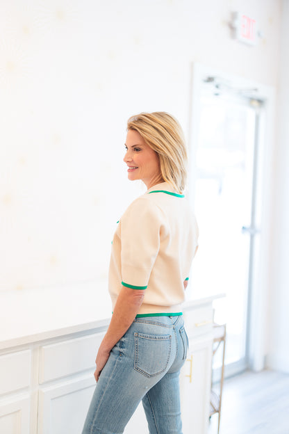 Short Sleeve Collared Top in Cream/Green