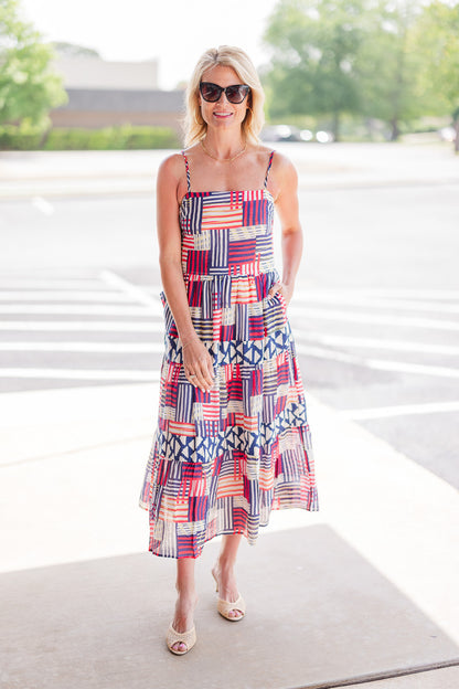Strap Tiered Print Dress in Red/Navy