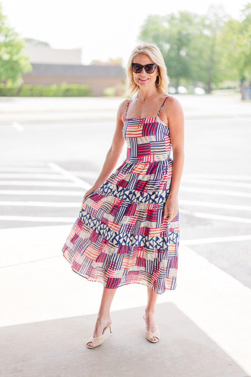 Strap Tiered Print Dress in Red/Navy