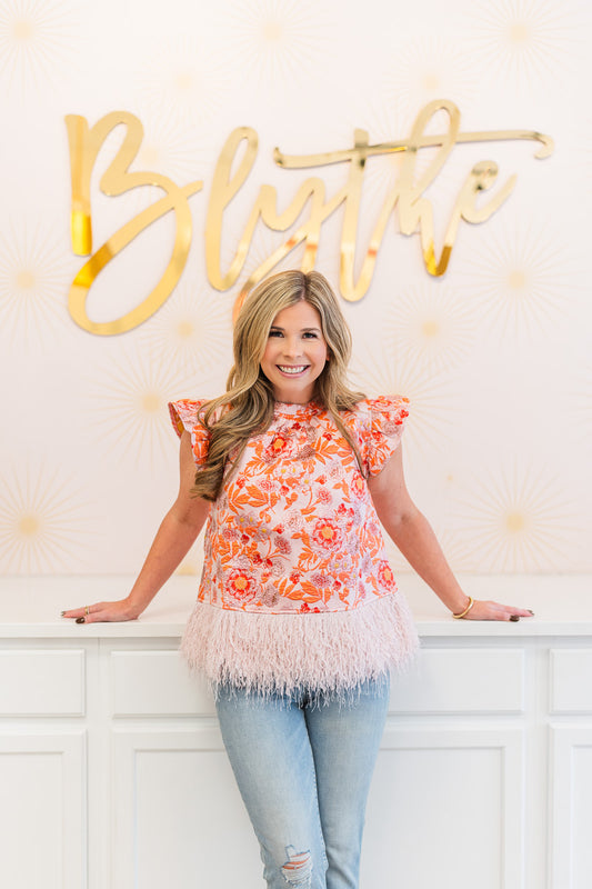 Ostrich Feather Fringe Trim Floral Jacquard Top