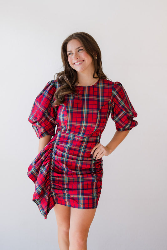 Plaid Puff Sleeve Cascading Dress