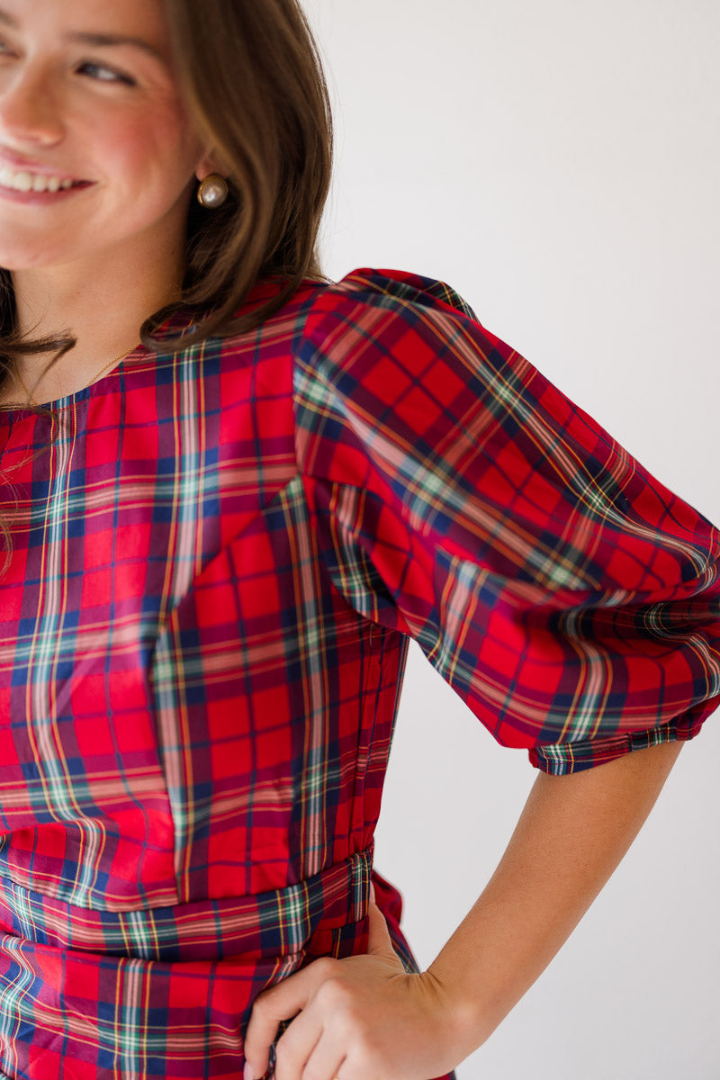 Final Sale-Plaid Puff Sleeve Cascading Dress