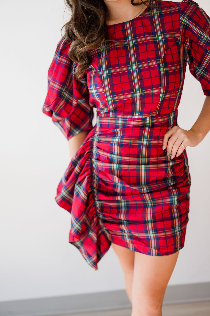 Final Sale-Plaid Puff Sleeve Cascading Dress