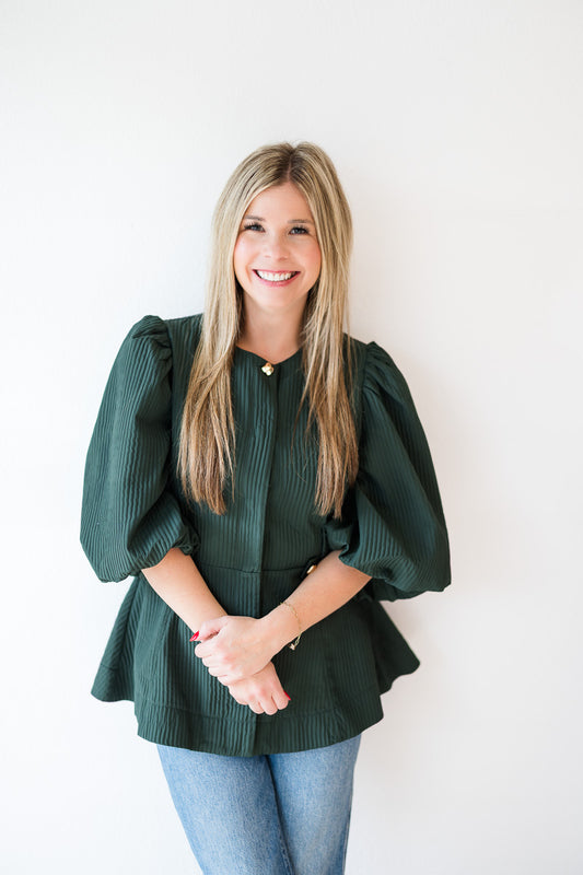 Puff Sleeve Waist Line Top in Green