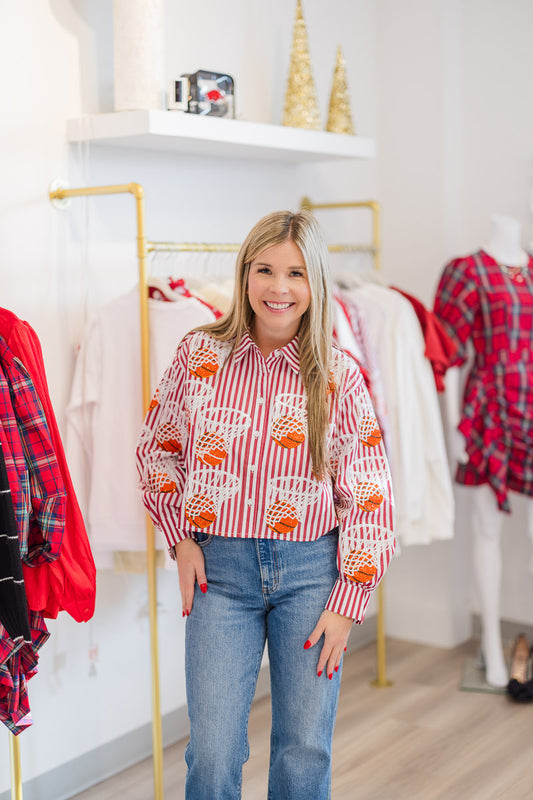 Red & White Striped Basketball Hoop Button Up