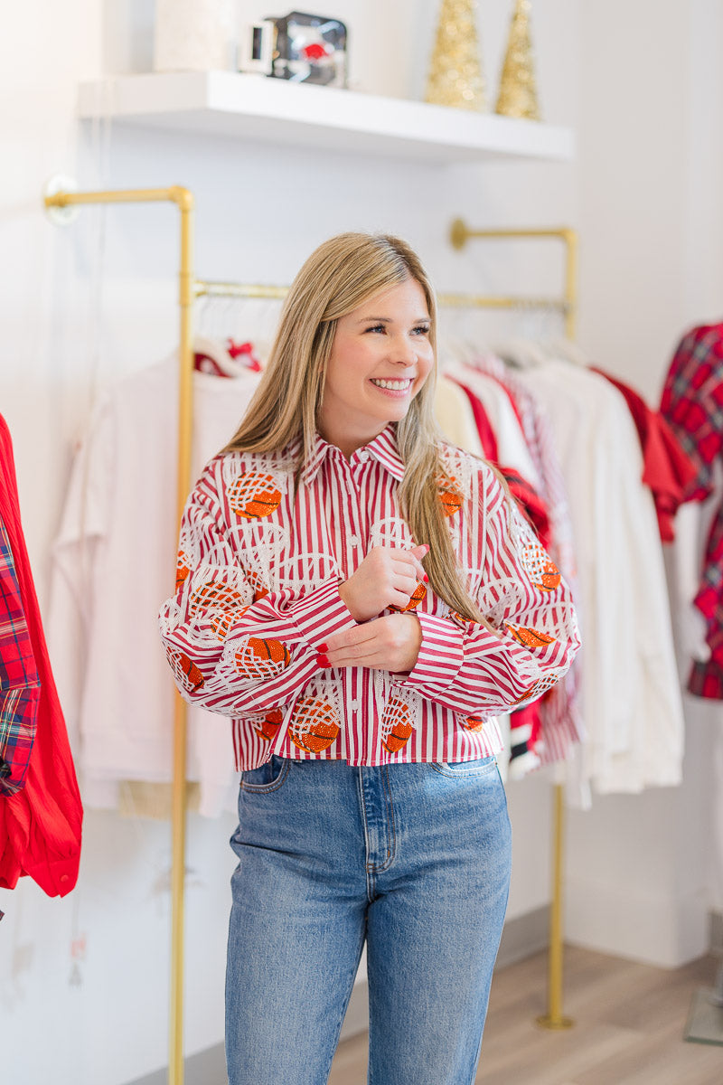 Red & White Striped Basketball Hoop Button Up