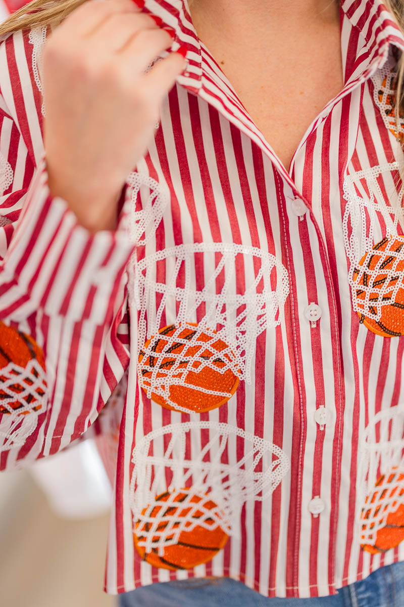 Red & White Striped Basketball Hoop Button Up