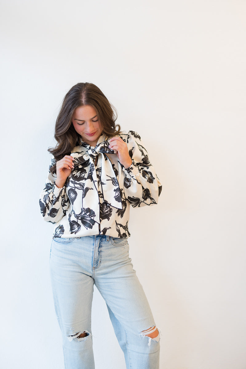 Britt Bow Blouse in Snow Tulip