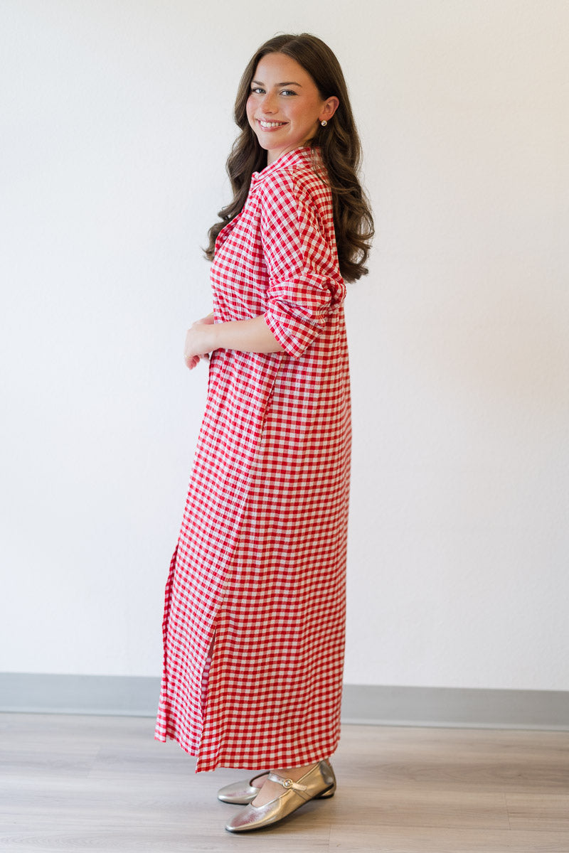 Regan Seersucker Gingham Maxi in Red