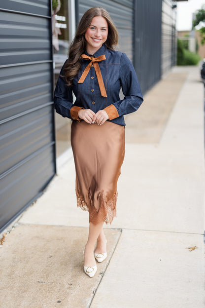 Daisy Denim Neck Tie Collared Shirt