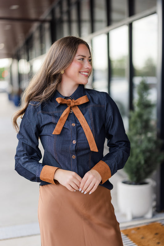 Daisy Denim Neck Tie Collared Shirt