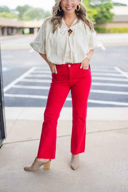 Kelsey High Rise Ankle Flare in Red