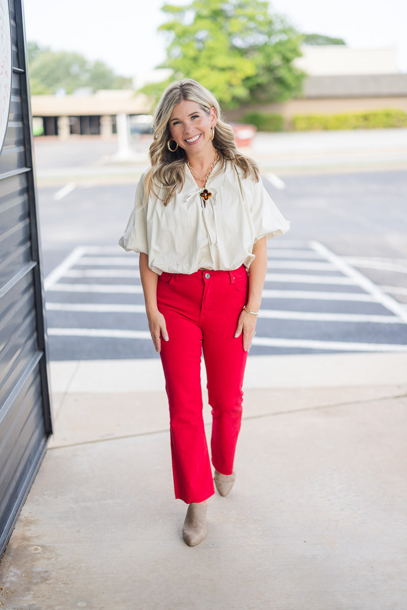 Kelsey High Rise Ankle Flare in Red