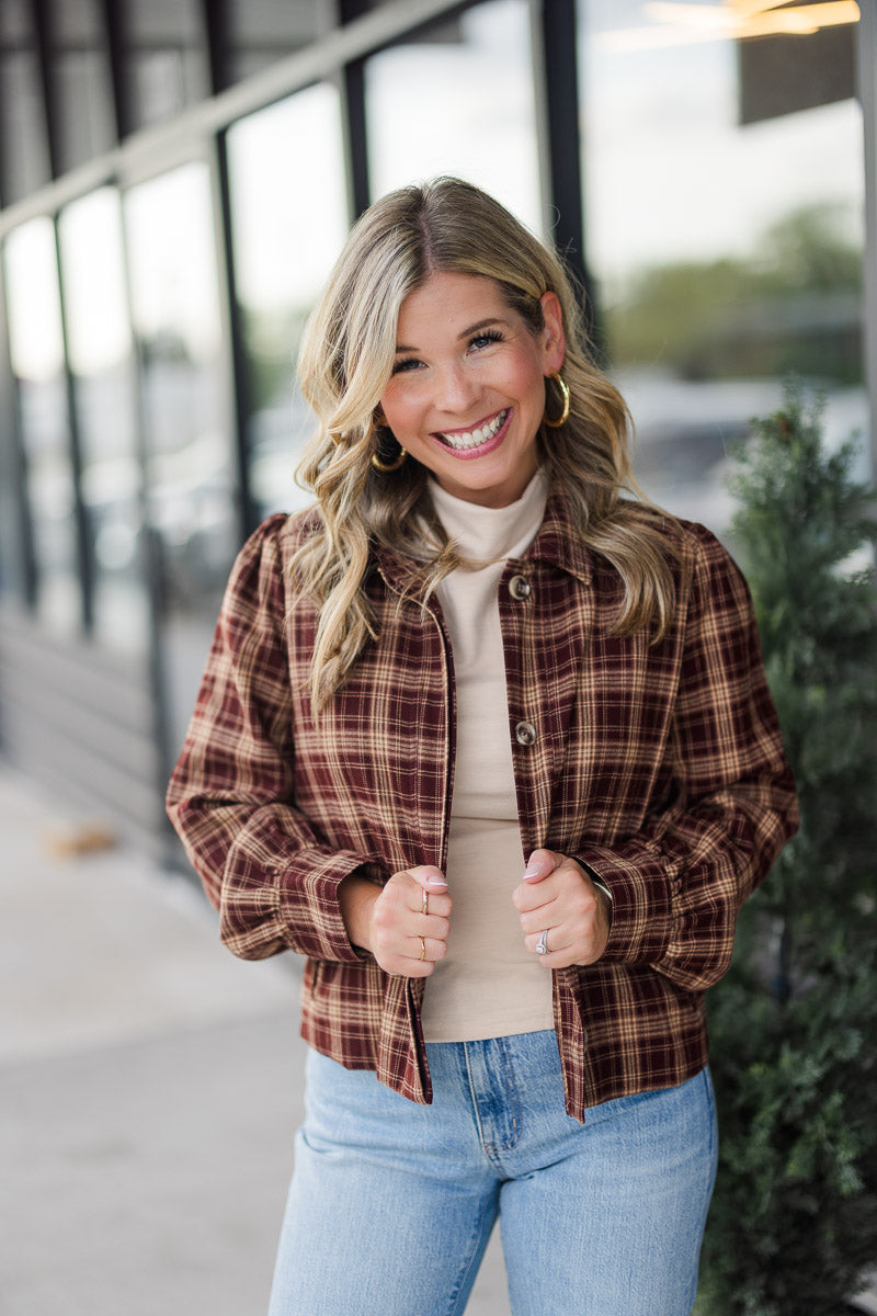 Drew Plaid Shirt Jacket in Burgundy