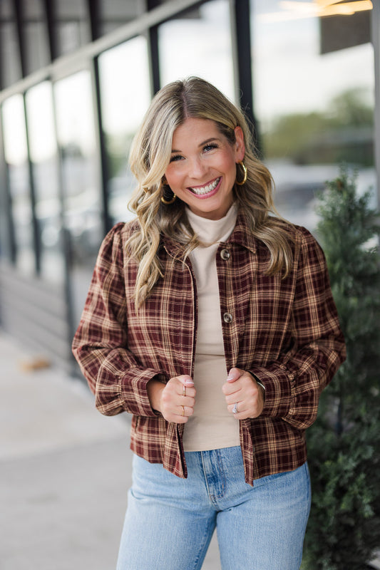 Drew Plaid Shirt Jacket in Burgundy
