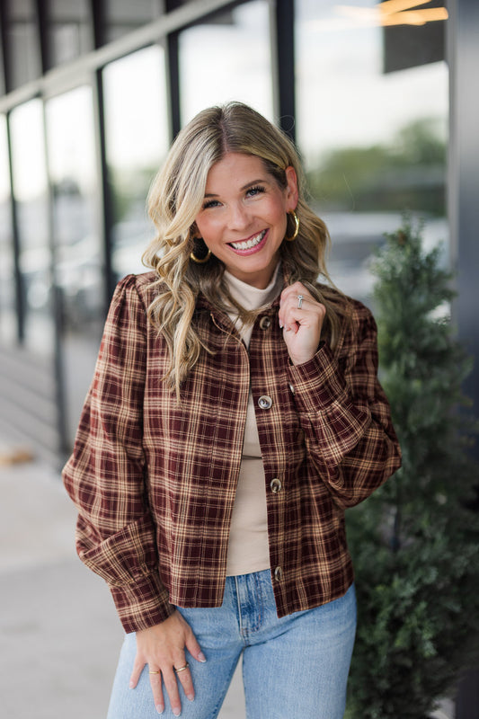 Drew Plaid Shirt Jacket in Burgundy
