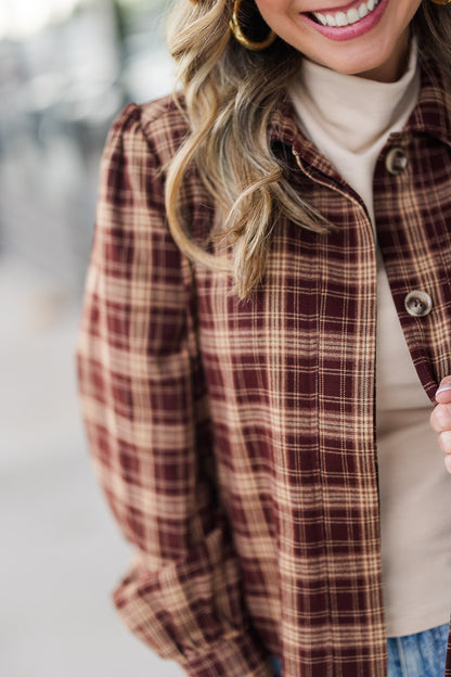 Drew Plaid Shirt Jacket in Burgundy
