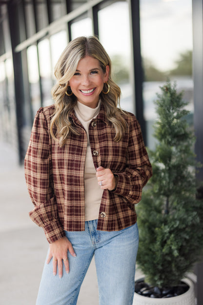 Drew Plaid Shirt Jacket in Burgundy