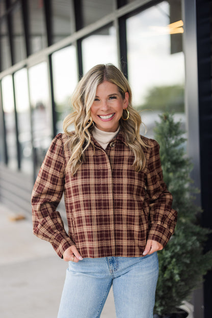 Drew Plaid Shirt Jacket in Burgundy