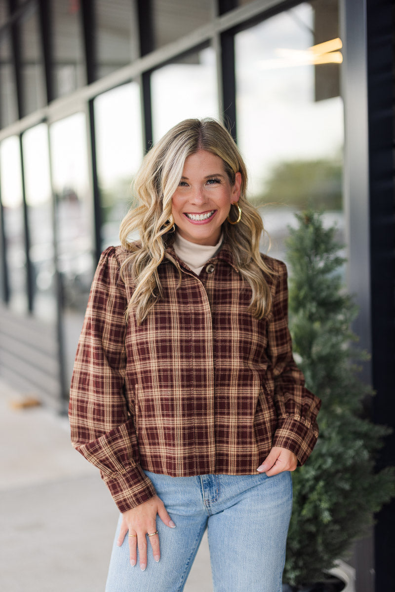 Drew Plaid Shirt Jacket in Burgundy