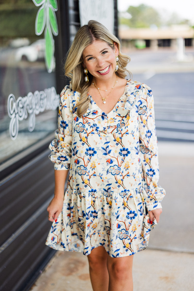 Rachel V-Neck Dress in Ivory Floral