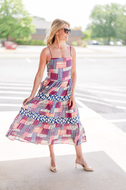 Strap Tiered Print Dress in Red/Navy