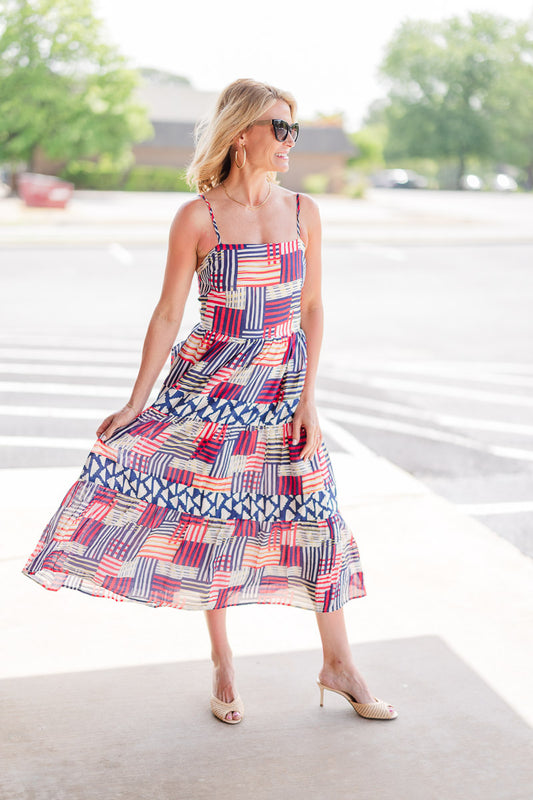 Strap Tiered Print Dress in Red/Navy