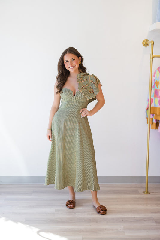 Striped Monstera Leaf Midi Dress