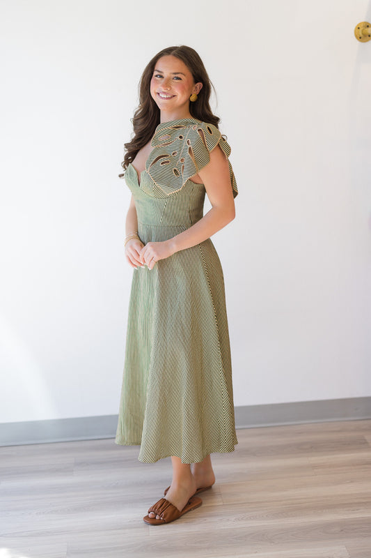 Striped Monstera Leaf Midi Dress