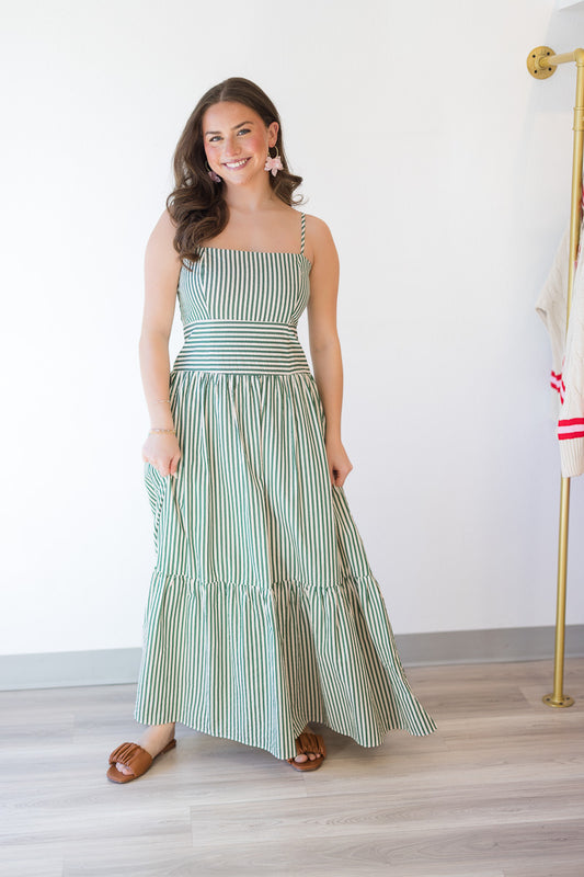 Mya Thin Striped Tier Dress in Green