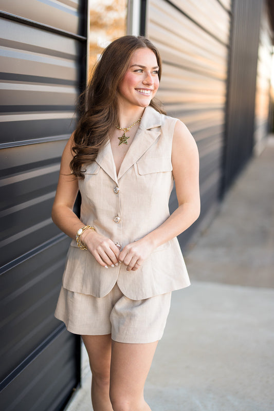 Sleeveless Linen Vest with Shorts