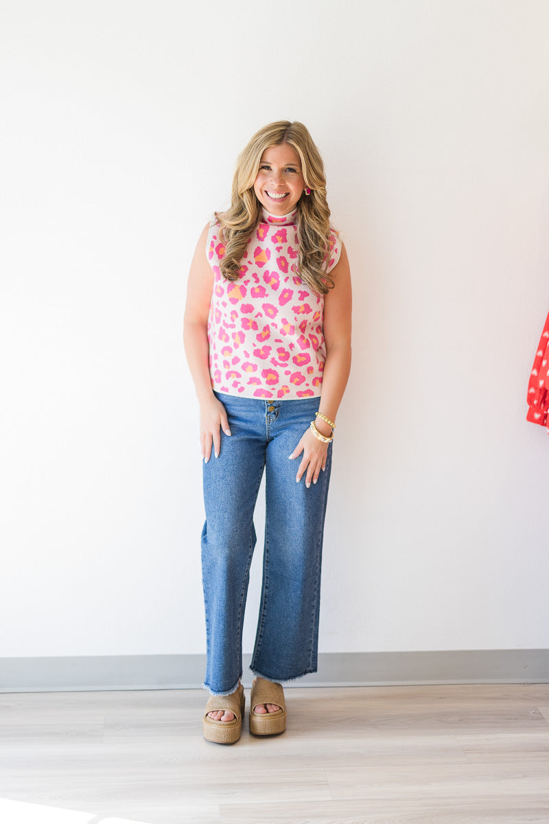 Lainy Sweater Tank in Pink Leopard