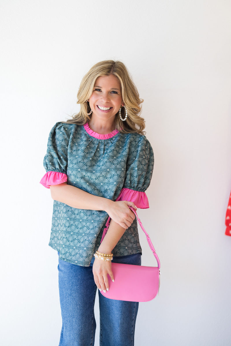 Contrast Ruffled Neck & Sleeve Floral Top