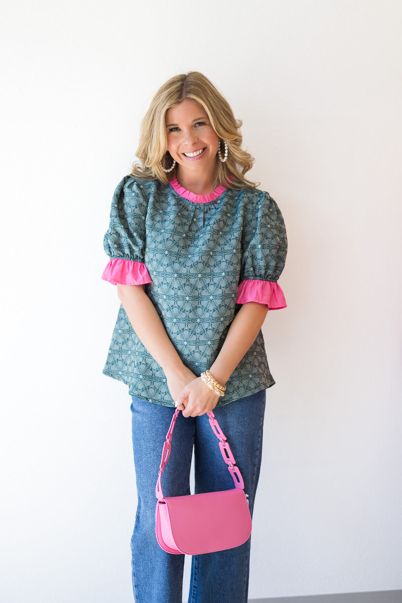 Contrast Ruffled Neck & Sleeve Floral Top