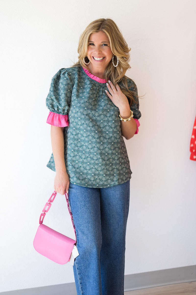 Contrast Ruffled Neck & Sleeve Floral Top