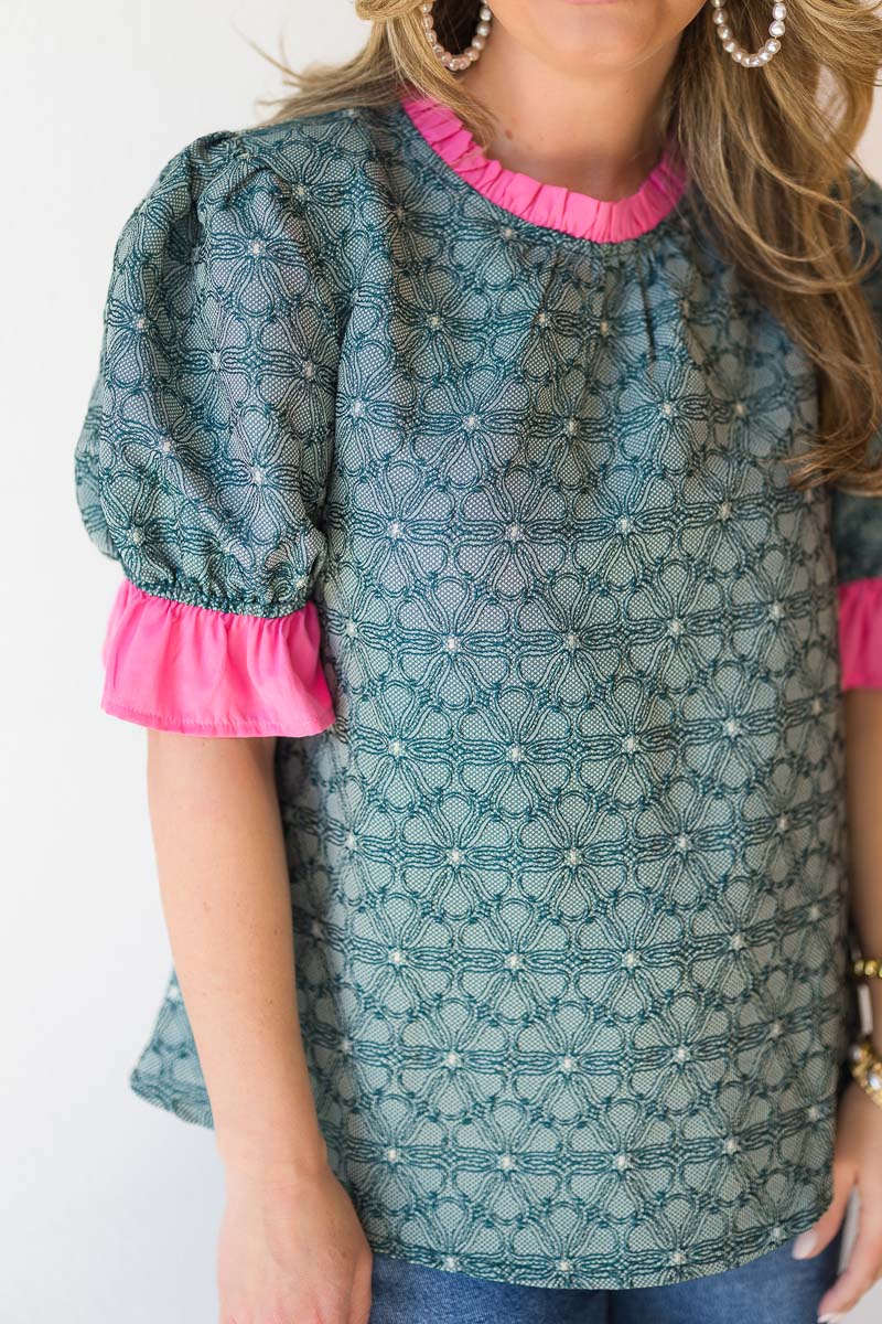 Contrast Ruffled Neck & Sleeve Floral Top