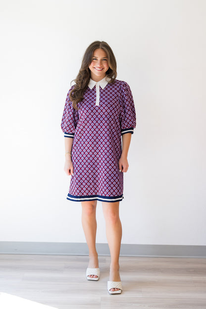 Poplin Contrast Collar Floral Knit Dress