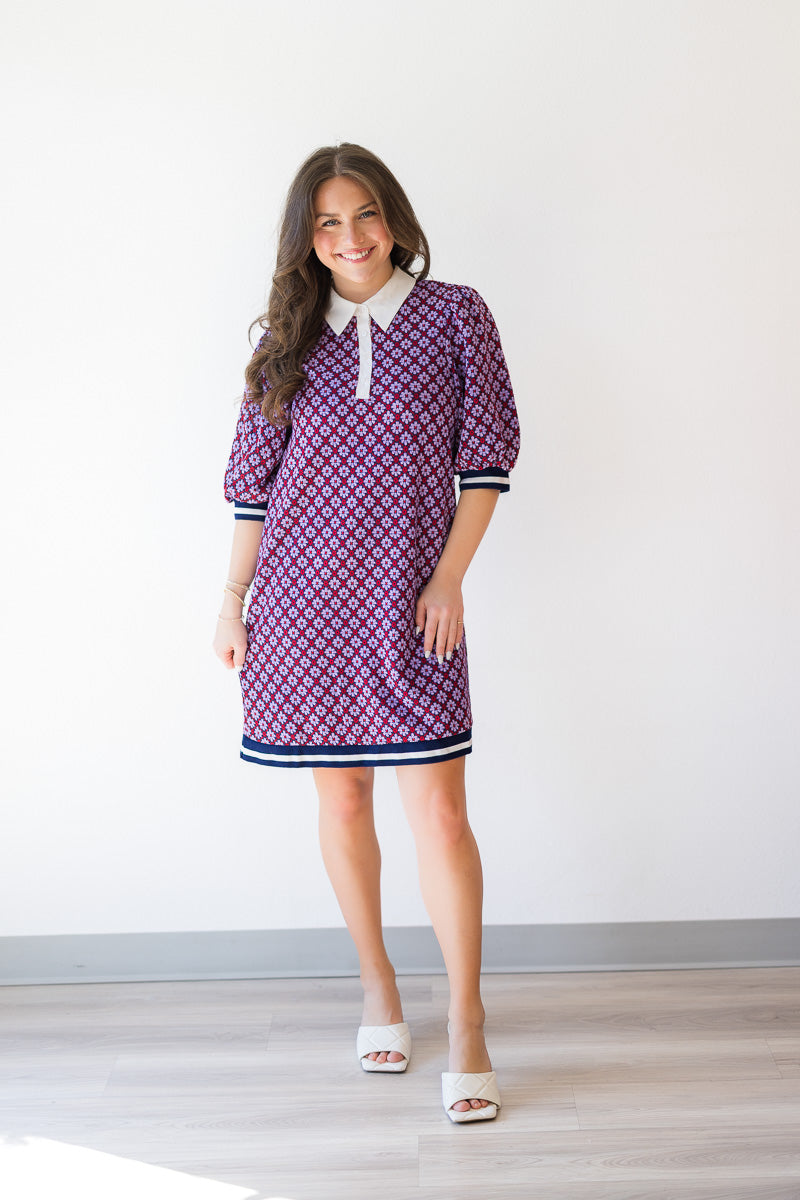 Poplin Contrast Collar Floral Knit Dress