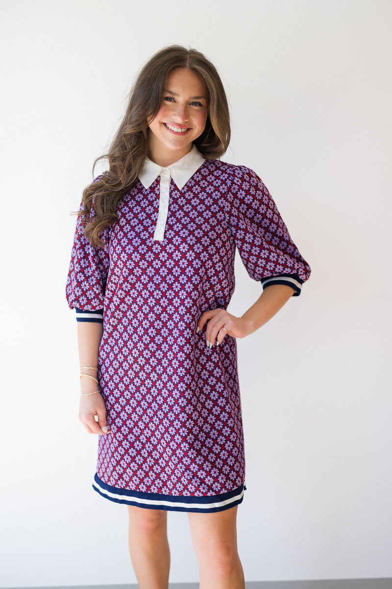 Poplin Contrast Collar Floral Knit Dress