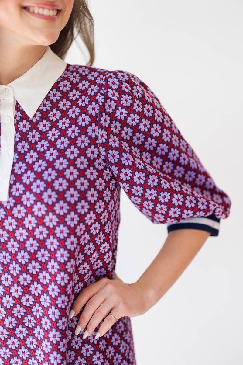 Poplin Contrast Collar Floral Knit Dress