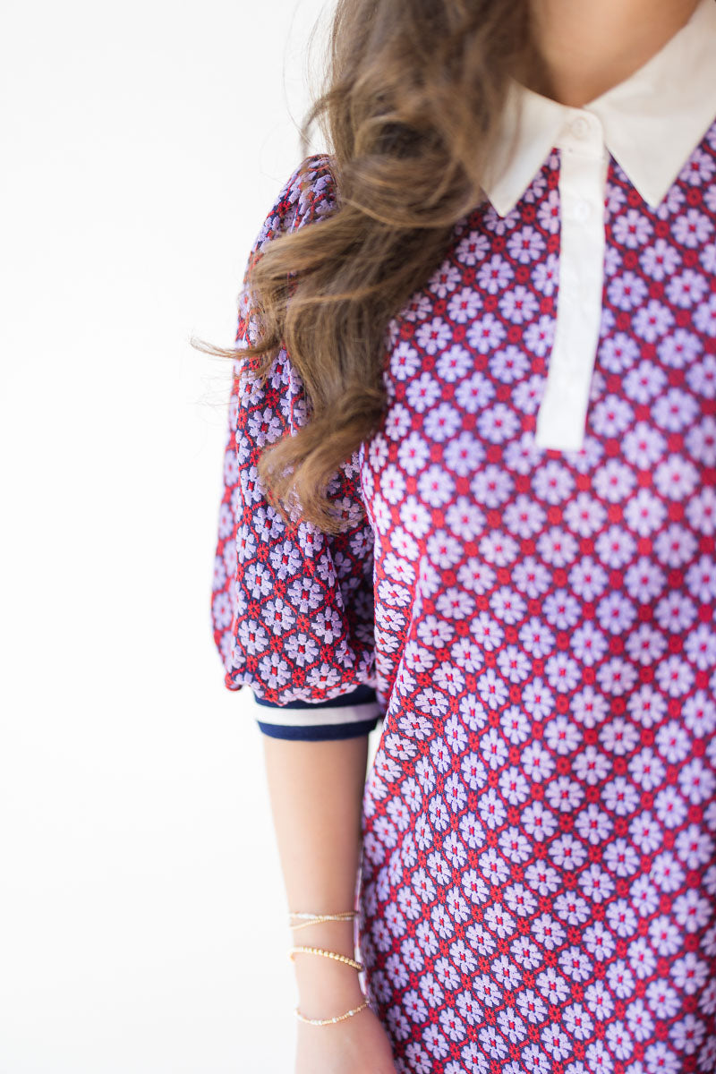 Poplin Contrast Collar Floral Knit Dress