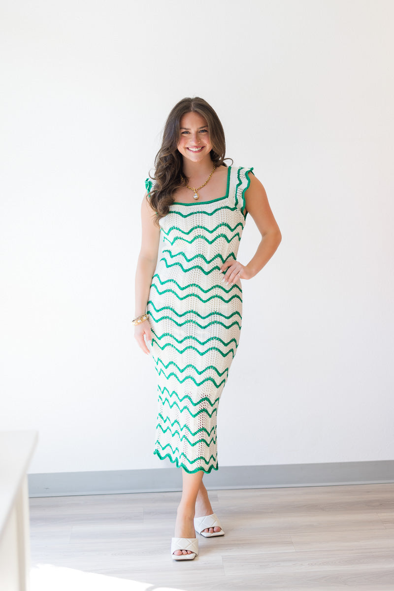 Kelly Green Scalloped Knit Midi Dress