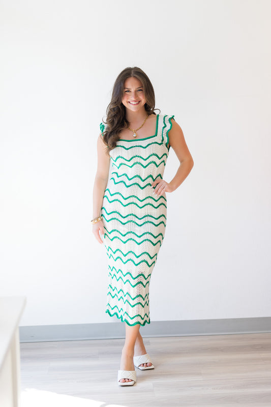 Kelly Green Scalloped Knit Midi Dress