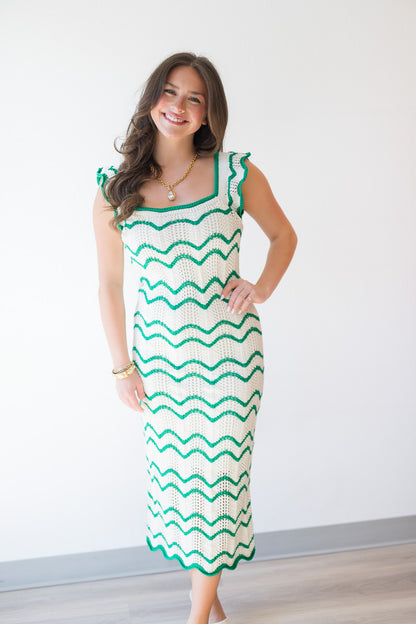Kelly Green Scalloped Knit Midi Dress