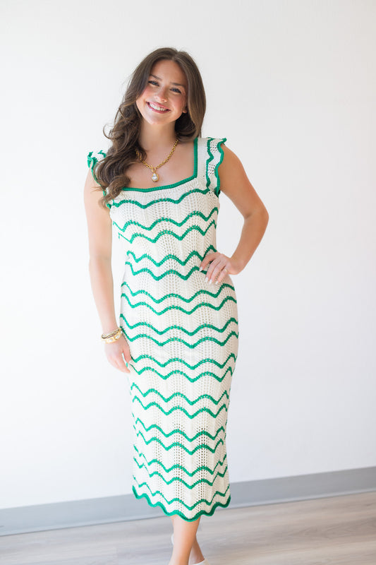 Kelly Green Scalloped Knit Midi Dress