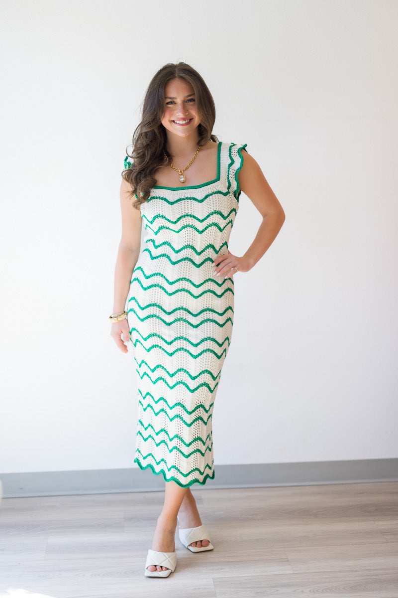 Kelly Green Scalloped Knit Midi Dress