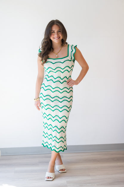 Kelly Green Scalloped Knit Midi Dress