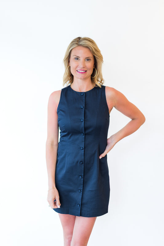 Cotton Sateen Round Neck Mini Dress in Marine