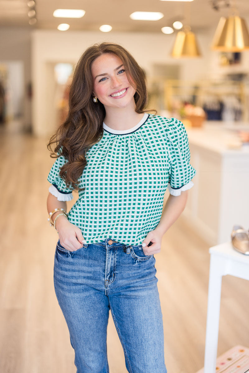 Puff Sleeve Striped Textured Plaid Knit Top